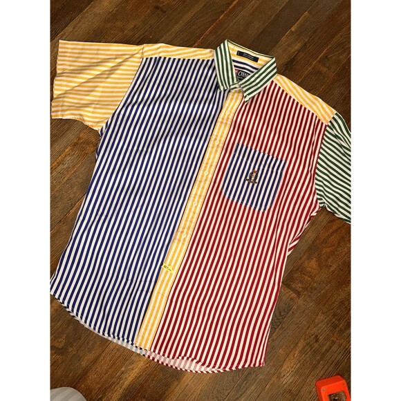 Vintage Ralph Lauren Chaps Shirt Mens M Bright Striped Colorblock Crest 90s - Picture 4 of 5